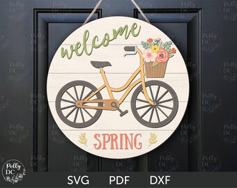 Spring Door Hanger SVG, Welcome Spring Round Sign laser cut file, Bicycle with Flowers Sign laser cut file, Glowforge SVG