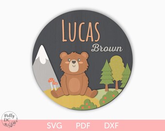 Bären-Kinderzimmer-Zeichen-Svg, Bären-Namensschild-Svg, Bären-Kindergarten-Namensschild-Svg, rundes Bergbären-Schild svg, Kindergarten-Holz-laser-Schnitt-Schild