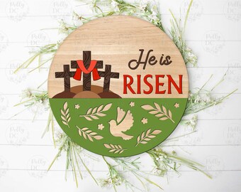 Spring Easter Door Hanger SVG, He is Risen Round Sign laser cut file, Easter sign laser cut design, Glowforge svg