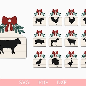 Farmhouse Cow Tag Hanging Decor SVG, Farm Animal Ornament laser cut file, Farmhouse Shiplap ornament SVG, Christmas hanging ornament cutouts