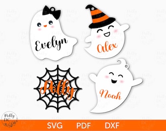 ハロウィン バッグ タグ SVG、ゴースト バスケット タグ バンドル、ハロウィン ネーム タグ SVG、ハロウィン キュート タグ レーザー カット ファイル、ハロウィン Glowforge SVG