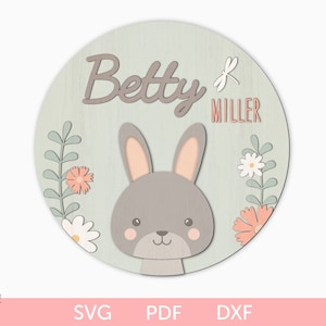 Baby-Kaninchen-Kinderzimmer-Zeichen-Svg, Baby-Namensschild-Svg, Baby-Kaninchen-Kindergarten-Namensschild-Svg, Kaninchen-Schild-Svg, Holz-Laserschnitt-Schild