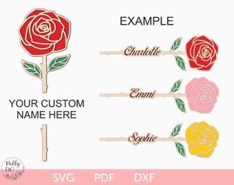 May include: A digital cut file design of a rose with a stem and leaves. The rose is red, pink, or yellow. The design includes the text "EXAMPLE" and three names: "Charlotte", "Emmi", and "Sophie".
