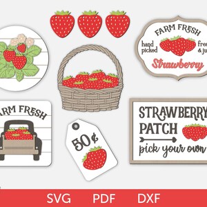 May include: A set of digital cut files for crafting projects featuring a strawberry theme. The designs include a basket of strawberries, a truck filled with strawberries, a sign that says "Farm Fresh Strawberry", a sign that says "Strawberry Patch Pick Your Own", and a price tag with a strawberry and the text "50 cents".