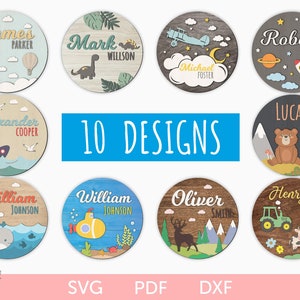 Paquete de letreros SVG para guardería de niños, letrero SVG con nombre de bebé, letrero SVG con nombre de guardería de niños, letrero SVG redondo para guardería, letrero cortado con láser de madera para guardería