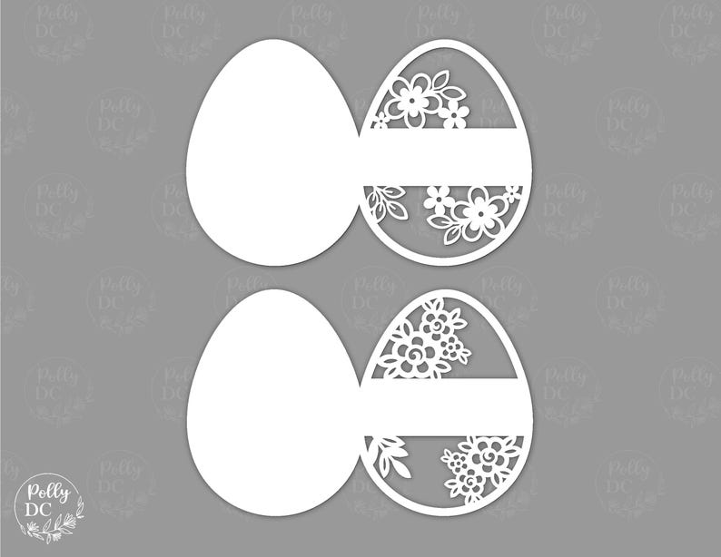 May include: Two white paper Easter egg cutouts. One egg has a blank space for writing a message. The other egg has a floral design.