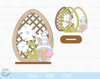 Easter Egg With Gnome Shelf Sitter, Easter Shelf Sitter laser cut file, Standing Easter Egg SVG, Easter Decor laser file, Glowforge svg