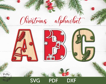 Christmas A-Z Alphabet SVG, Christmas Layered Letters Laser Cut Files, Letter Monogram Cutouts SVG, Christmas Decor SVG