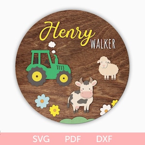 Bauernhof Kindergarten Zeichen svg, Baby Namensschild svg, Traktor Kinderzimmer Namensschild svg, Traktor und Kühe rundes Schild svg, Kindergarten-Holzschild Laser geschnitten