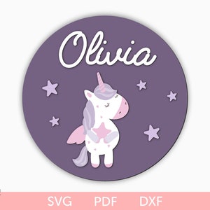 Einhorn Kinderzimmer Zeichen svg, Baby Namensschild svg, Einhorn Kinderzimmer Namensschild svg, Einhorn rundes Zeichen svg, Kindergarten hölzernes Laser-Schnittschild