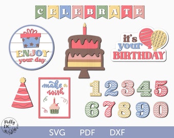 Verjaardag gelaagde lade decor svg, verjaardagsfeestje tier lade decor, verjaardagsfeestje mini borden svg, verjaardagsfeestje decoraties svg lasergesneden bestand