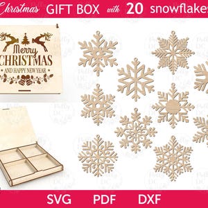Weihnachtsschmuck Box mit Schneeflocken SVG Laserschnittdatei, Weihnachtsgeschenkbox Laserschnittdatei
