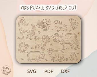 農場の動物のパズルのレーザーカットファイル、モンテッソーリ教育玩具のSVG、幼児用パズルのおもちゃのレーザーカットファイル、キッズパズルのおもちゃのSVG、GlowforgeのSVG