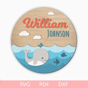 Wal Kinderzimmer Zeichen svg, Baby Namensschild svg, Ocean Whale Kindergarten Namensschild svg, Wal rundes Zeichen svg, Kinderzimmer Holz laser geschnittenes Zeichen