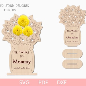 Porta flores con soporte, archivo cortado con láser svg, porta flores con nombres intercambiables, regalo de bricolaje para el día de la madre, svg láser para el día de la madre glowforge