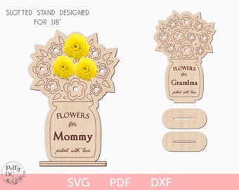 Flower holder with stand svg laser cut file, Interchangeable names flower holder, Mother's day DIY gift, Mothers day laser svg glowforge