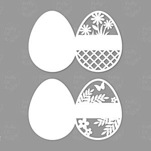 May include: Two white paper Easter egg cutouts. One egg has a floral design with a butterfly and the other has a geometric pattern. Both eggs have a blank space for personalization.