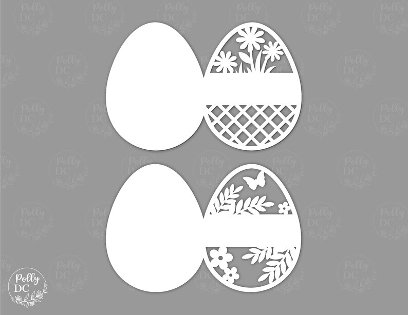 May include: Two white paper Easter egg cutouts. One egg has a floral design with a butterfly and the other has a geometric pattern. Both eggs have a blank space for personalization.