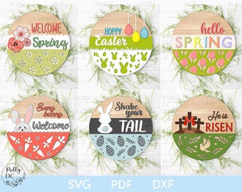 Spring Easter Door Hanger SVG, Spring Easter Round Sign laser cut file, Spring signs Bundle laser file, Glowforge svg