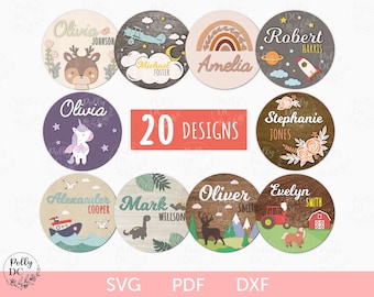 Zestaw svg znaków do pokoju dziecięcego, Znak z imieniem dziecka svg, Znak z imieniem do pokoju dziecięcego dla dziewczynki svg, Znak z imieniem do pokoju dziecięcego dla chłopca svg, Okrągłe drewniane znaki wycinane laserowo do pokoju dziecięcego