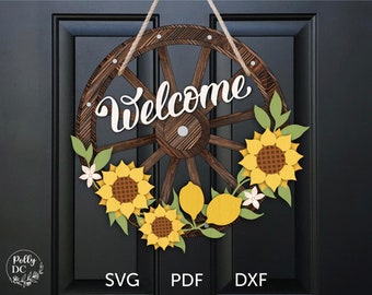Welcome door hanger svg laser cut file, Sunflower Wheel door hanger svg, Welcome door round sign svg, Welcome door hanger glowforge