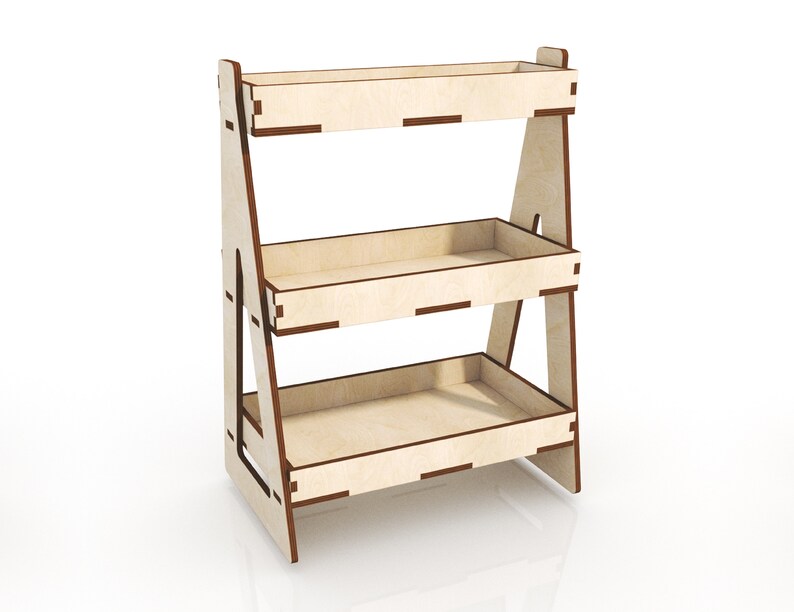 May include: A three-tier wooden shelf unit with a light brown finish. The shelves are made of plywood and have a slightly raised edge. The unit is freestanding and has a triangular shape.