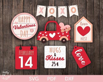 Valentijnsdag gelaagde lade decor SVG, Valentines Mini Signs lasergesneden bestand