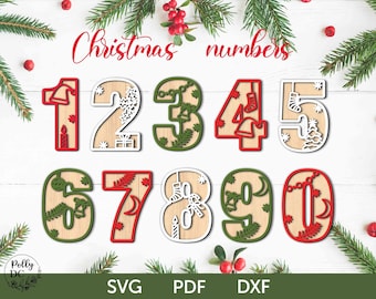 Christmas Numbers SVG, Christmas Layered Numbers Laser cut file, Christmas Decor SVG