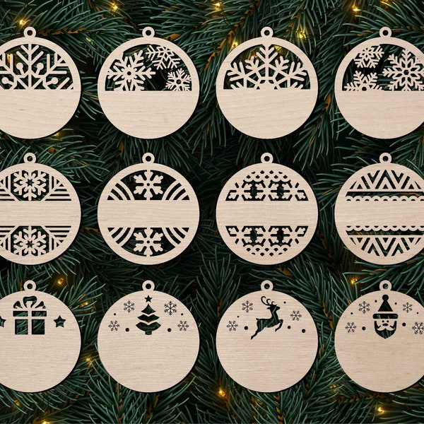 Personalized Christmas Tree Ornaments bundle SVG cut file, Paper cut Christmas ornaments, Christmas balls laser cut svg file