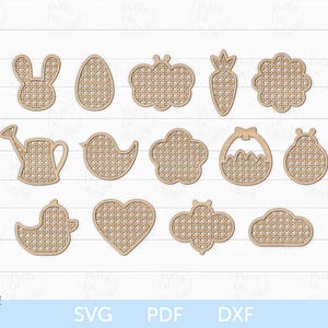 May include: A set of 14 digital cut files for crafting projects. The files feature various spring and Easter-themed designs, including a bunny, a bird, a heart, a watering can, a cloud, a bee, a basket, and a flower. The designs are in a woven pattern.