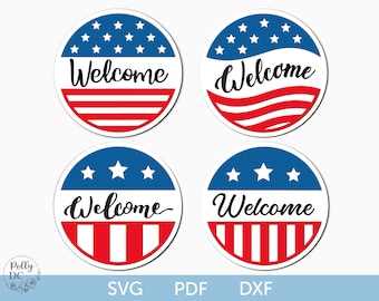 Paquete SVG de letrero redondo de bienvenida patriótica, colgador de puerta del 4 de julio, SVG de estrellas y rayas estadounidenses, letrero de puerta del Día de la Independencia svg