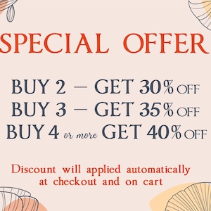 Puede incluir: Un gr&aacute;fico con una oferta especial para comprar varios art&iacute;culos. El texto dice: "OFERTA ESPECIAL COMPRAR 2 - OBTENER 30% DE DESCUENTO COMPRAR 3 - OBTENER 35% DE DESCUENTO COMPRAR 4 o m&aacute;s OBTENER 40% DE DESCUENTO El descuento se aplicar&aacute; autom&aacute;ticamente en la caja y en el carrito"