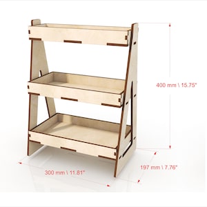 May include: A three-tier wooden shelf unit with a natural wood finish. The shelf is 15.75 inches tall, 11.81 inches wide, and 7.76 inches deep.