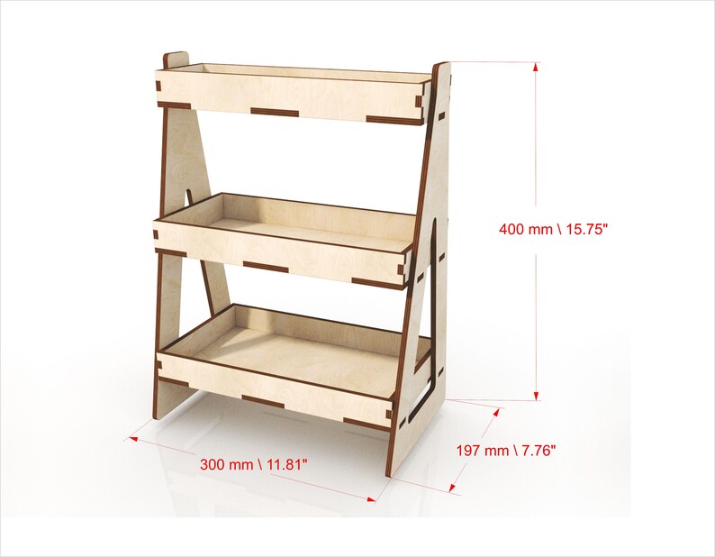 May include: A three-tier wooden shelf unit with a natural wood finish. The shelf is 15.75 inches tall, 11.81 inches wide, and 7.76 inches deep.
