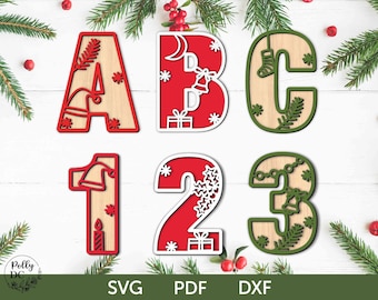 Christmas A-Z Alphabet and Numbers SVG, Christmas Layered Letters Laser Cut Files, Christmas Decor SVG