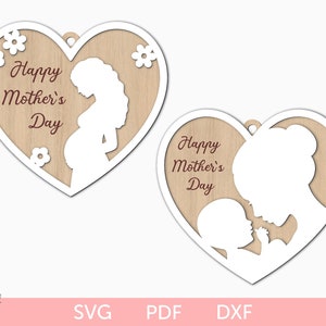 母の日おめでとうハート吊り下げオーナメント SVG レーザーカット、母と子 SVG、レイヤードハート SVG、吊り下げハート SVG、母の日 SVG グローフォージ