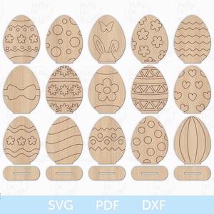 Kit de pintura para hacer huevos de Pascua en formato SVG, archivo de corte láser para colocar en un estante con huevos de Pascua, SVG de huevos de Pascua en pie, archivo láser de Pascua, SVG de Glowforge