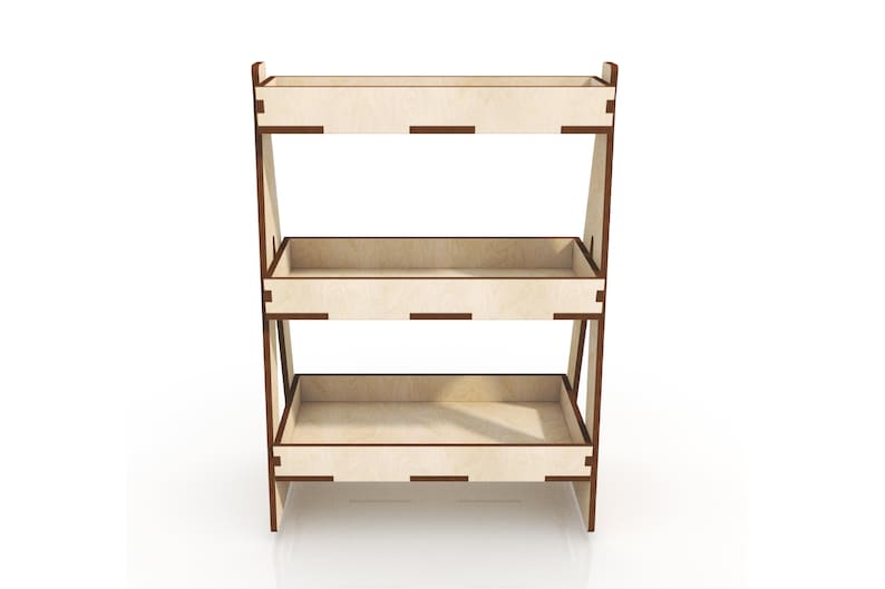 May include: A three-tier wooden shelf unit with brown trim. The shelves are made of light wood and are rectangular in shape.