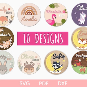 Meisje kinderkamer teken svg bundel, baby naam teken svg, meisje kinderkamer naam teken svg, kinderkamer ronde teken svg, kinderkamer houten laser gesneden teken