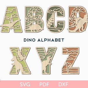 Alfabeto de dinossauro SVG, arquivo cortado a laser, letras de dinossauro, letras do alfabeto de Dino, alfabeto para crianças, letras em camadas, monogramas de letras para crianças