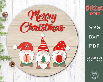 Christmas Gnomes door hanger SVG laser cut file, Christmas round door sign svg, Merry Christmas door sign svg, Christmas Welcome door hanger