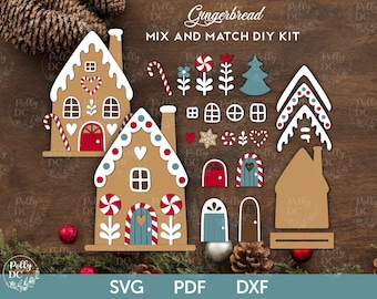 May include: Gingerbread house DIY kit with mix and match pieces. The kit includes a variety of gingerbread house shapes, candy canes, windows, doors, and other decorations. The pieces are cut from brown, white, and red cardstock.