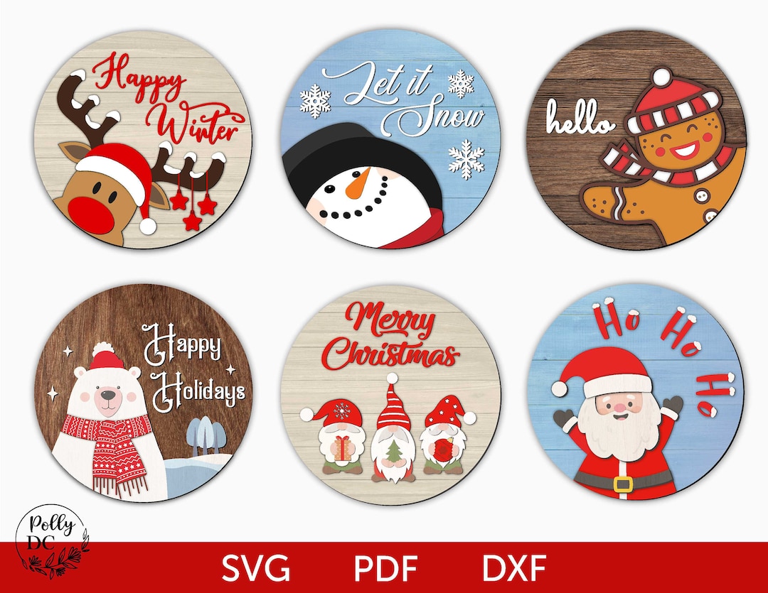 Christmas Door Hanger SVG Bundle Laser Cut File, Christmas Round Door ...