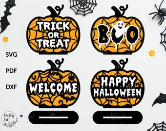 ハロウィン パンプキン シェルフ シッター svg、レイヤード パンプキン svg、ハロウィン デコレーション レーザー カット ファイル、Cricut 用ハロウィン ファイル、Glowforge svg