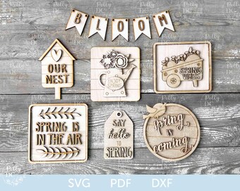 Spring Tiered Tray Decor SVG, Spring Tier Tray laser cut file, Spring Mini Signs SVG, Glowforge laser cut file