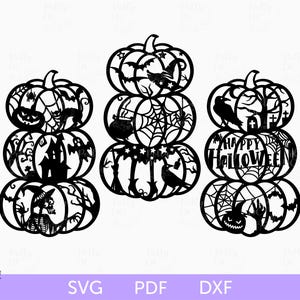 May include: Three black and white layered pumpkin cutouts with Halloween-themed designs. The top pumpkin of each stack features a witch, a spider web, and a graveyard, respectively. The middle pumpkin of each stack features a spider web, a spider web, and the text "Happy Halloween", respectively. The bottom pumpkin of each stack features a haunted house, a haunted house, and a spooky face, respectively.