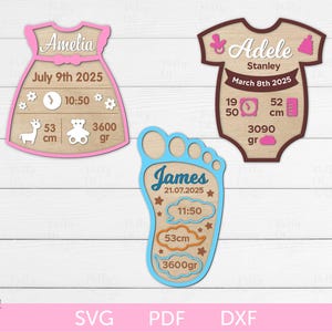Baby Announcement Sign Bundle, Metric Birth Stats Laser file, Birth Details Digital Cut File, Layered Newborn chart SVG, Glowforge SVG File