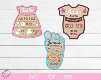 Baby Announcement Sign Bundle, Metric Birth Stats Laser file, Birth Details Digital Cut File, Layered Newborn chart SVG, Glowforge SVG File