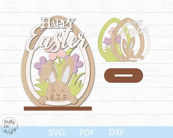Easter Egg With Bunny Shelf Sitter, Easter Shelf Sitter laser cut file, Standing Easter Egg SVG, Easter Decor laser file, Glowforge svg