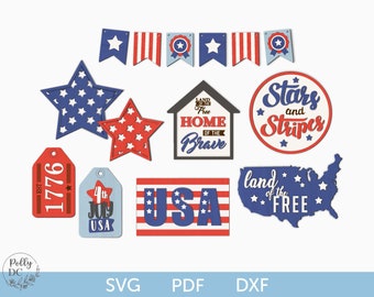 Puede incluir: Un conjunto de 10 archivos de corte SVG patrióticos rojo, blanco y azul con estrellas, rayas y texto como "Tierra de los libres, hogar de los valientes" y "Estrellas y rayas".